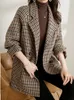 Ternos femininos tafn vintage houndstooth mulheres blazer de lã duplo breasted xadrez feminino terno jaqueta moda coreano outerwear solto blaser