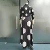 Ellafads Mulheres maxi vestido casual manga longa com estampa geométrica Coloque de lapela com bolsos elegantes vestidos de festa