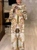 カジュアルドレス秋のスタンドカラー女性ボヘミアンマキシドレスフォンダ2023ロングフレアスリーブプリントサンドレスルーズフリルローブフェム