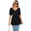 Dames blouses dames zomer top midden lengte v nek t-shirt losse zoom halve mouwen strakke taille verkleed vaste kleur puff dame