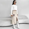 Skirts Vintage Cashmere PU Leather Skirt Slit Design Of Women's Dress 2023 Autumn And Winter