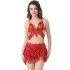 Vêtements de scène filles danse du ventre Bikini haut jupe hanche écharpe ensemble paillettes frange Bollywood Costume femmes Latin Rave Performance