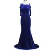 Lässige Kleider BKLD Vintage Eleganter Samt Langer Abend Formales Eventkleid Applikationen Stickerei O-Ausschnitt Schulterfrei Luxus Party Trompete