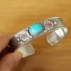 Bangle BR488 Ethnic Tibetan Silver Inlaid Turquoises Stone Filigree 14mm Open Back Women