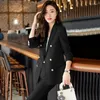 Kvinnors tvåstycksbyxor 2023 Blazers Women Office Pant Suits Korean Fashion Long Sleeve Double Breasted Slim Blazer Casual Blue 2