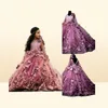 2019 Plum 3D Floral Applique Ball Suknia Dziewczyna Kowotki Sukienki Sheer Long Rleeve Appliques Długość podłogi Dzieci