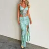 Women's Two Piece Pants 2023 Summer Fashion Print Strap Sexy Open Waist Irregular Long Dress