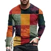 Herren-T-Shirts, Farbblock, karierte Nähte, 3D-Druck, T-Shirt, modisch, langärmelig, Sommer, lockerer Rundhalsausschnitt, Y2K-Casual-Top, Plus-Size-Kleidung