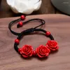 Charm Armband Fashion Rose Flower Armband Ethnic Handicraft Lacquer Carved Cinnabar For Women Black Red Flätat rep