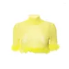 Tanques de mujer OMSJ verano amarillo pluma patchwork crop top ver a través de malla manga corta cuello alto delgado tops mujeres moda playa clubwear