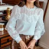 Camicette da donna 2023 Autunno Bianco Hollow Increspato Camicia Donna Manica lunga Moda Donna Camicetta di pizzo Casual Coreano Top Blusas Mujer Elegante