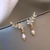Stud Earrings Luxury Back Korean Fashion Pearl Hanging Earrin Zircon Tulip Flower Exquisite Jewelry