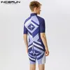 Men's Shorts INCERUN 2023 American Style Men Jumpsuits Fashion Diamond Block Printed Casual Streetwear Short Sleeved Rompers S-5XL