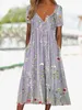 Summer Womens Clothing Casual Floral Dresses Button Round Neck Mid Length