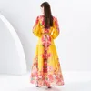 Dames Designer Elegante Bloemen Maxi-jurk met Riem Lente Herfst Designer Opstaande Kraag Veters Taille Vakantie Boheemse Jurken 2023 Lantaarnmouwen Leuke Feestjurken