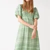 Feestjurken Groene Plaid Print V-hals Pofmouwen Midi-jurk Dames 2023 Zomer Eenvoudig en Veelzijdig Commuter Fashion Gewaad