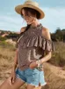 Camicette da donna Camicetta estiva da donna con spalle scoperte manica corta con volant design T-shirt mezza dolcevita con stampa leopardata