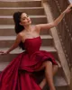 Elegante vermelho uma linha vestidos de baile para mulheres sem alças drapeado hi-lo em camadas cetim festa de noite vestidos de concurso de aniversário roupa formal vestido de ocasião especial