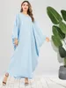 Abbigliamento etnico Abaya per donna Maniche a pipistrello blu cielo Giuntura in pizzo Abito quadrato Abito musulmano Dubai Moda araba Casual femminile