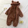 Rompers Winter warmth baby jumpsuit coral velvet cartoon bear hooded boy and girl born baby jumpsuit soft pajama jacket 231102