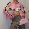 Kvinnors jackor rosa pu läder kvinnor fall stativ krage lång ärm bokstäver tryck lapptäcke rockar y2k streetwear mode zip-up toppar