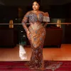 2023 Arabe Aso Ebi Chocolat Sirène Robe De Bal Perlée Robes De Soirée Paillettes Dentelle Anniversaire Fiançailles Deuxième Robe Robe Femmes Vêtements De Soirée WD015