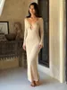 Casual Dresses Elegant Deep V Neck Sexy Plunge Maxi Dress Sticked Holiday Open Back Long Sleeve Beach 2023 Fashion Outfits Vestido