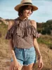 Kvinnors blusar Kvinnor Summer Off Shoulder Short Sleeve Ruffle Design Blus Leopard Print Top Half Turtleneck T-shirt