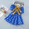 Vestidos de menina chegada bebê princesa flor impressão criss cross vestido para meninas roupas de verão infantil criança cor azul idade 2-7 anos