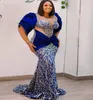 2023 Nov Aso Ebi arabe bleu royal sirène robe de bal paillettes dentelle perlée soirée formelle fête deuxième réception anniversaire robes de fiançailles robes robe de soirée