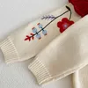 Autumn Girl Knitting Długie rękawy haft haftowy niemowlę Lotus Liść Warmowy płaszcz z koronkowymi spodniami 2PCS 0-3y garnitur dla niemowląt