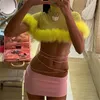 Tanques de mujer OMSJ verano amarillo pluma patchwork crop top ver a través de malla manga corta cuello alto delgado tops mujeres moda playa clubwear