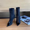 Alta qualidade Spring Novo cetim Botas de tornozelo de cetim Mulher Popy Poep Toe Fino Alto Caso Alto Botas Curta Abertura de Patchwork Punway PVC Party