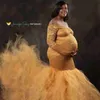 Vestidos de maternidade femininos manga comprida fora do ombro renda vestido de maternidade para fotografia chá de bebê com vestido de tule sereia photoshoot chá de bebê q231102