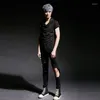 メンズTシャツ潮の夏の夏のショートスリーブTシャツ韓国のスリムヘアスタイリストトレンドTシャツメンカジュアルファッションパッチワーク衣料M-XL