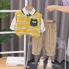 Clothing Sets Spring Autumn Children Boy 3PCS Clothes Set Striped Shirt Patch Sweater Vest Solid Cargo Pant Baby Suit Kid Outfits 231102