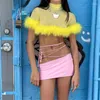 Tanques de mujer OMSJ verano amarillo pluma patchwork crop top ver a través de malla manga corta cuello alto delgado tops mujeres moda playa clubwear