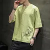 Magliette da uomo T-shirt estiva in lino Camicia ricamata cinese retrò casual con fiori di loto Taglie forti Abbigliamento tradizionale asiatico Zen