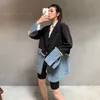 Misturas de lã feminina superaen verão outono retro denim retalhos preto solto fino entalhado completo casual blazer jaqueta feminina 231101