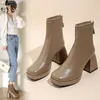 Stövlar Fashion Ankle Boots For Women High Heels Chunky Platform Stretch Fabric Square Toe White Sole blixtlås Young Lady Boots 231102