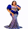 2023 Nov Aso Ebi arabe bleu royal sirène robe de bal paillettes dentelle perlée soirée formelle fête deuxième réception anniversaire robes de fiançailles robes robe de soirée