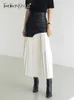 RukasカジュアルパッチワークPUスカート女性用ハイウエストミディフォールドプリーツスカート