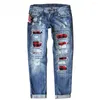 Kvinnors jeans sommar kvinnor mode rippade hål rutiga lapp lapptäcke långa denim byxor casure streetwear byxor