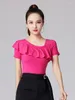 Scene Wear Solid Color Latin Dance Costume Evening Tops Tango Jazz Rhinestones Waltz 2023 Belly Woman Short Sleeve Ruffle T-shirt