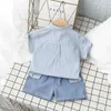 Summer Grid Tie Cotton Short Sleeves Clothes Suits Tops with Pants Baby Toddler Boy Clothing Sets Kids Children Girl Outfits