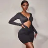 Mini robe urbaine Sexy à manches longues, col en V, ajourée, moulante, noire, Slim, Clubwear, nouveau Design