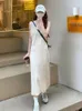 Casual Kleider Ärmelloses Strick Midi Frauen Weiche Sanfte Solide Chic Sommer Büro Dame Revers Modische Freizeit Gerade Vestidos