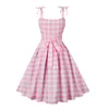 Casual Dresses Retro Pink Plaid Printed Kawaii Spaghetti Straps Midi Summer Dress With Bow 40s 50s 60s Elegant Office Party