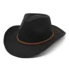 Nowy wełniany melonik kapelusz jazz fedoras mężczyźni kobiety Roll Brim Western Cowboy Hat Braided Coffee Rope Decor Panama Riding Feil Cap