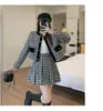 Vestido de duas peças outono mil pássaros checker casaco de lã conjunto de manga comprida cardigan top cintura alta saia plissada 2023 moda feminina vintage